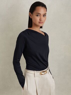 REISS โข Sandy Ruched Asymmetric Neck Top in Navy